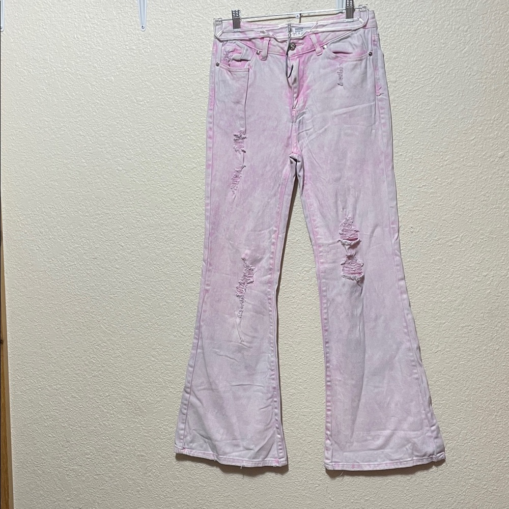 Madden NYC Juniors Distressed Pink Tie Dyed Bell Bottom Jeans. Very Cute. Size 9